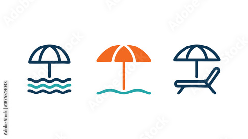 Minimalist beach and summer vacation icons featuring umbrellas, waves, and a lounge chair
