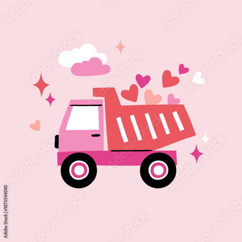 Valentine's Day construction dumper design on isolated pink background. Hand drawn clipart with truck and hearts. 