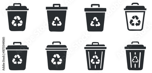A collection of recycling trash bins in black and white minimalist vector style, suitable for environmental awareness and waste management projects