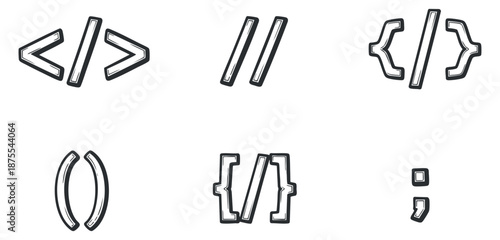 A collection of programming symbols including brackets, tags, and slashes in black and white outline vector style, ideal for software development and web design projects