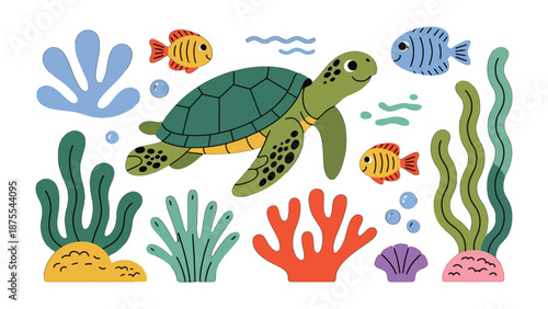 Underwater World Illustration: Delightful illustration of a cheerful sea turtle, swimming among colorful fishes and vibrant sea plants, creating a scene of marine life. 