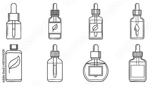 A collection of various dropper bottles and containers in outline minimalist vector style, suitable for skincare and cosmetic branding