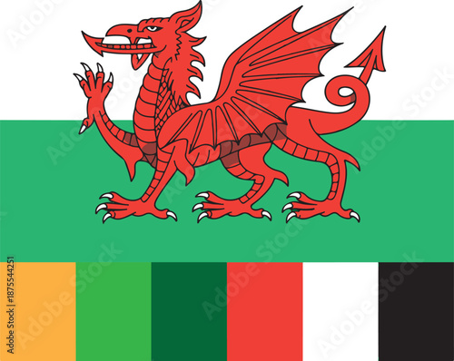 Red Welsh Dragon National Symbol of A Saint David’s Day with Color Swatches
