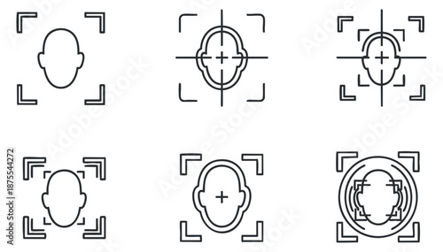 A collection of six facial recognition icons in minimalist outline vector style, suitable for technology and security applications