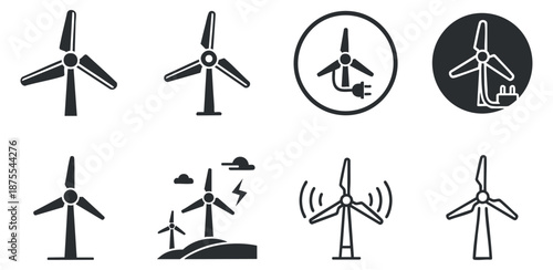 A collection of wind turbine icons in black and white vector style, suitable for renewable energy projects and environmental themes