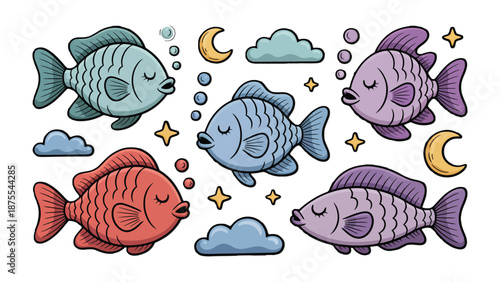 Dreamy Fish Illustration: A whimsical illustration featuring a collection of serene, sleeping fish amidst a celestial arrangement of clouds, stars, and crescent moons, evoking a sense of tranquility.