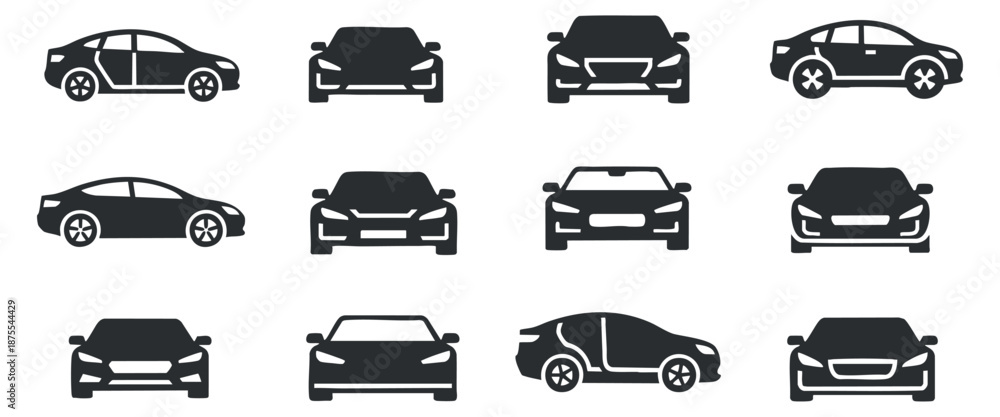 Obraz premium A set of various car silhouettes in black and white flat vector style, ideal for automotive design and branding