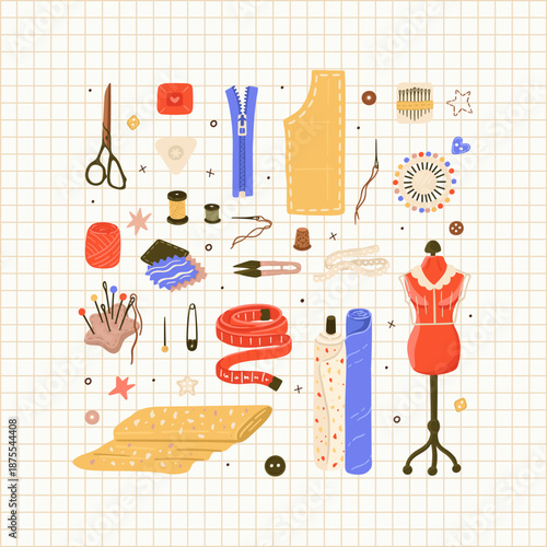 Tailoring tools collection. Sewing elements. Vector.