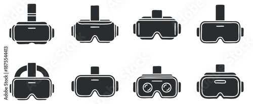 A collection of virtual reality headsets in flat black and white minimalist vector style, perfect for tech and gaming projects