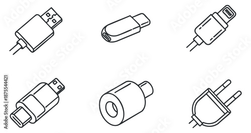 A collection of various USB connectors and charging plugs in minimalist black and white vector style, ideal for tech and electronics design