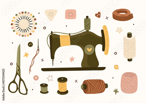 Handmade Sewing elements. Needlework. Vector.