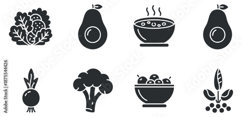 A collection of vegetable and food icons including broccoli, radish, avocado, and a bowl of salad in flat black and white vector style, suitable for health and nutrition projects