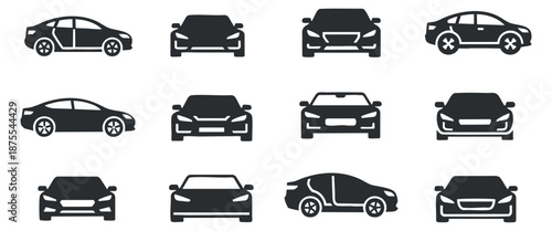 A set of various car silhouettes in black and white flat vector style, ideal for automotive design and branding