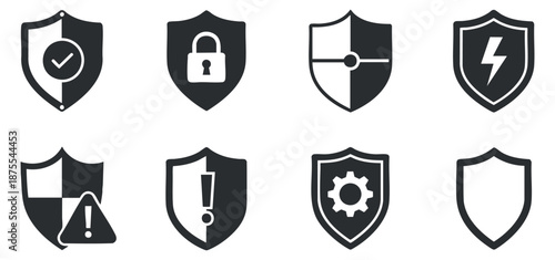 A collection of security shield icons in flat modern vector style, suitable for technology and safety applications