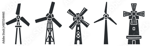 A collection of various windmill designs in black and white outline vector style, suitable for renewable energy projects and agricultural themes