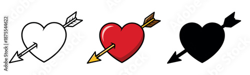 Three versions of a heart pierced by an arrow: outline, full color, and black silhouette. Classic cupid symbol for attraction and love.