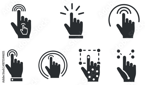 A collection of hand gesture icons including clicking, tapping, and pressing in black and white outline vector style, suitable for digital interface design