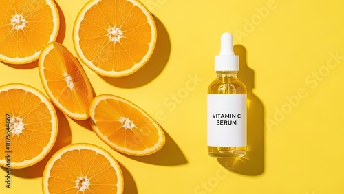Vitamin C Serum Bottle with Orange Slices on Yellow Background