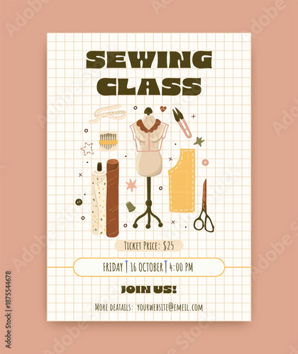 Sewing workshop template. Tailoring classes. Vector.