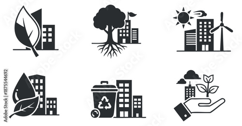 A collection of eco-themed icons including leaves, trees, and buildings in black and white minimal vector style, ideal for environmental projects