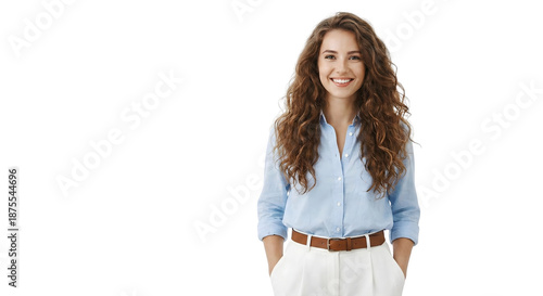 Smiling Woman in Blue Shirt and White Pants Posing with Hands in Pockets isolated on transparent background
