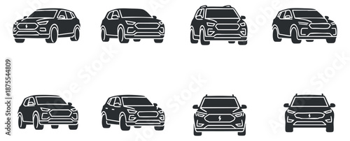A set of eight car icons featuring various vehicle designs in black and white outline vector style, ideal for automotive branding and graphic design
