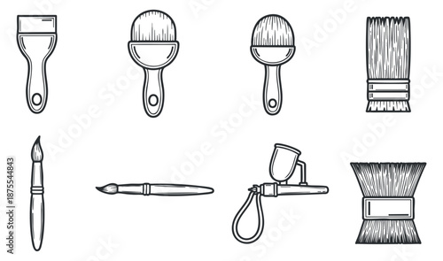 A collection of various paintbrushes and tools in black and white outline vector style, ideal for art and design projects
