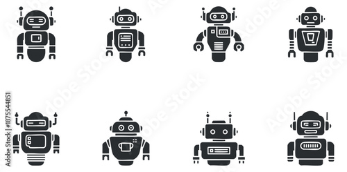 A collection of eight cute robot icons in flat geometric vector style, suitable for technology and digital projects