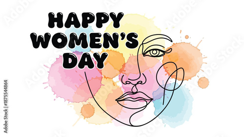 Happy women's day illustration with colorful watercolor background and face outline