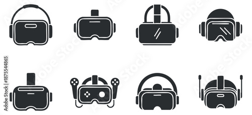 A collection of various virtual reality headsets in black silhouette vector style, ideal for technology and gaming projects