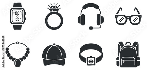 A collection of fashion accessories including a watch, ring, headphones, and glasses in black minimalist vector style, suitable for lifestyle branding and marketing