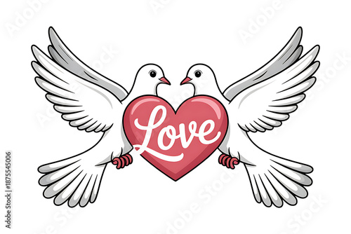 Cartoon doves holding heart with love text