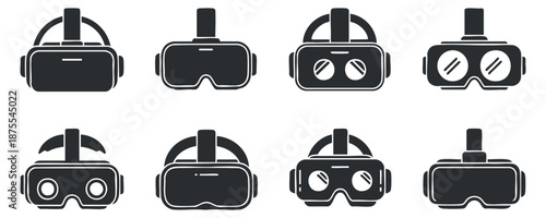 A collection of various virtual reality headsets in black and white flat vector style, suitable for technology and gaming projects