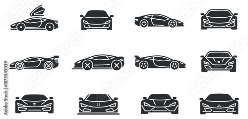 A collection of sleek sports cars in flat black and white vector style, perfect for automotive design projects