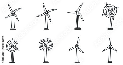 A collection of wind turbines in outline minimalist vector style, suitable for renewable energy projects and eco-friendly designs