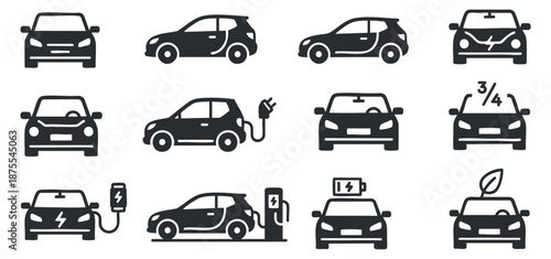 A collection of electric vehicle icons including charging cars and symbols in flat black and white vector style, suitable for automotive and technology projects