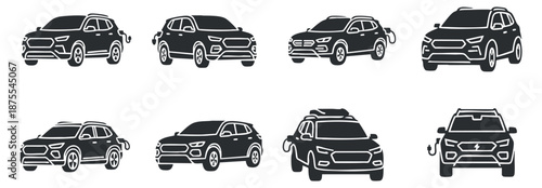 A collection of various car icons including SUVs and sedans in flat black and white vector style, suitable for transportation projects