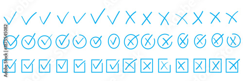 Check tick mark icon set. Cross box x check mark checkbox list vector draw hand drawn sketch doodle brush marker checklist symbol wrong right circle. hand drawn, grunge X sign. hand drawn tick mark