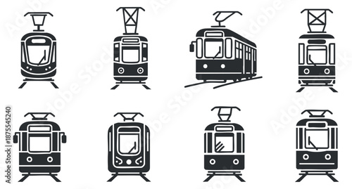 A collection of various train and tram icons in black and white minimalist vector style, suitable for transportation design projects