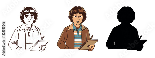 Set of three character icons of Will Byers from Stranger Things writing in a notebook: outline, full color, and black silhouette. Retro 80s inspired illustration.