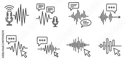 A set of audio and voice communication icons in clean linear vector style, ideal for multimedia and technology projects