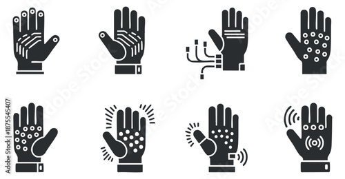 A collection of hands depicting various gestures and technology interactions in minimalist black and white vector style, suitable for UI and UX design