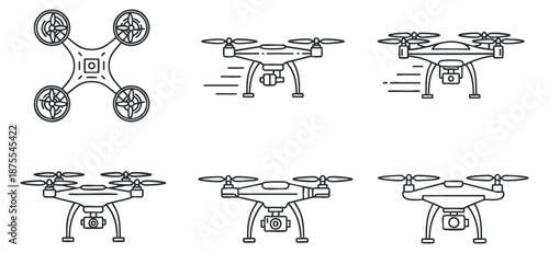 A set of six drone illustrations in minimalist outline vector style, suitable for technology and innovation projects