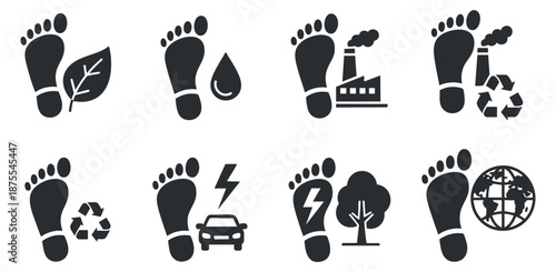 A set of environmental footprint icons featuring leaves, water droplets, factories, and recycling symbols in black and white minimalist vector style, suitable for ecological awareness projects