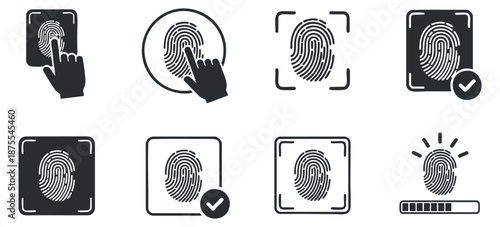 A set of fingerprint icons depicting scanning, verification, and authentication in black and white flat vector style, suitable for security applications and technology designs