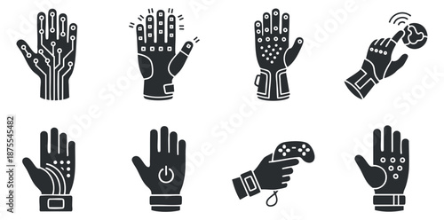 A collection of futuristic hand icons featuring circuit designs, gesture controls, and gaming elements in black and white vector style, suitable for technology and innovation projects