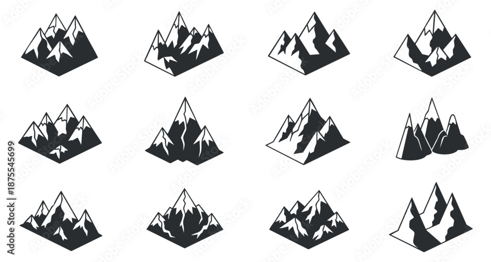 Fototapeta premium A collection of mountain illustrations featuring various peaks and slopes in clean black and white geometric vector style, suitable for outdoor adventure themes