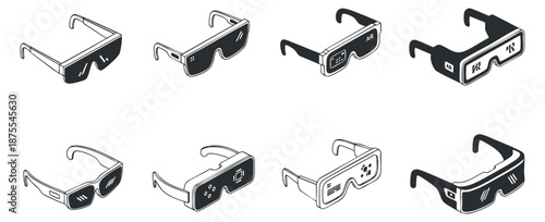 A set of stylish sunglasses and virtual reality glasses in black and white minimalist vector style, suitable for fashion and technology branding