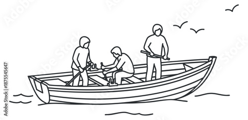 A group of three fishermen rowing in a boat in minimalist line art vector style, ideal for outdoor adventure themes