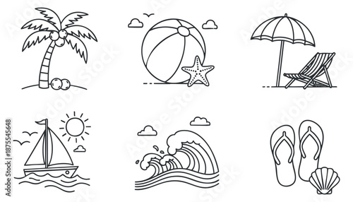 A collection of beach-themed icons featuring a palm tree, beach ball, umbrella, sailboat, waves, and flip flops in minimalist line art style, perfect for summer and vacation-themed designs